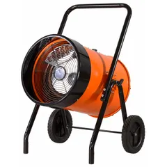 This portable salamander electric heater delivers 15kW of heating power on 208V AC, 3-phase power. It is hardwired and includes a control thermostat for temperature management. The unit features automatic reset thermal overheat protection and provides a 61°F air temperature rise. Suitable for jobsite and garage applications requiring temporary or supplemental heat.