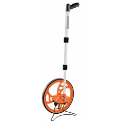 Mechanical measuring wheel with a 23-inch spoked single wheel featuring rubber tread for traction on uneven surfaces. Fixed handle with pistol grip provides control; aluminum frame and plastic components. SAE measurement in inches, range up to 9,999 ft. No batteries required; not foldable.