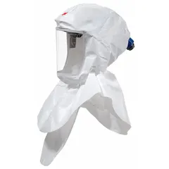White double bib hood for supplied-air respirator (SAR) systems. Universal headgear size provides head and neck coverage in industrial environments such as painting, chemical handling, and grinding.