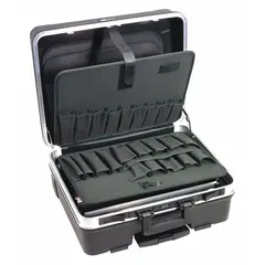 This black plastic tool case features a hinged lid and combination lock for secure storage and transport of tools and equipment. With dimensions of 17 5/16 inches wide, 10 inches deep, and 20 5/16 inches high, it is suitable for job sites, workshops, and industrial maintenance environments requiring organized tool storage.