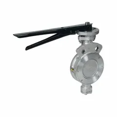 Carbon steel high-performance butterfly valve with wafer-style body, RPFTE liner, and lever handle. Designed for on-off or throttling control of water media in industrial piping systems requiring corrosion resistance and tight shut-off. Rated for 200 psi CWP with 8-inch pipe size.