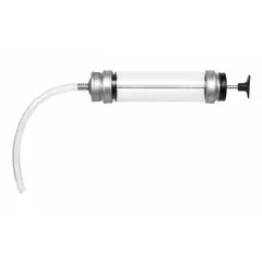 This suction gun features a clear polycarbonate tube and a 12-inch flexible hose, designed for transferring gear oils. The transparent tube allows visual monitoring of fluid level and condition during use. Suitable for extracting oil from gearboxes, differentials, and other machinery in maintenance and repair applications.