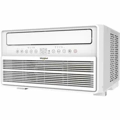 This window air conditioner provides 10,000 BtuH cooling capacity for rooms of 400 to 450 sq ft. It operates on 115V AC with a NEMA 5-15P plug and has a CEER rating of 15.0. The unit includes a remote control for convenient operation.