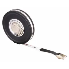 Manual closed-reel long tape measure with a 50 ft fiberglass blade graduated in SAE/Engineers scale (1/100 ft increments). Features a nonmagnetic stainless steel single hook end for secure engagement. Suitable for linear measurement tasks in construction layout, surveying, and engineering applications.