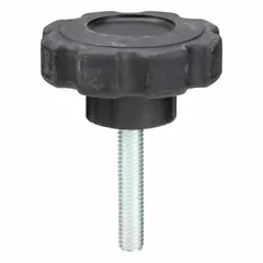 This 8-arm knob features a plastic body with a steel thread insert and a 3/8"-16 threaded stud with 2-inch thread length. Designed for manual clamping, positioning, and adjustment on industrial machinery, jigs, and fixtures.