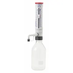 Bottle top dispenser with adjustable volume range of 10 mL to 100 mL. Features a 45 mm thread for mounting on standard reagent bottles. Mid-volume accuracy of ±1.1%. Suitable for precise liquid dispensing in laboratory and industrial applications.