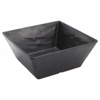 This black melamine serving bowl has a 9" diameter and 125 oz capacity. The melamine construction resists chipping and cracking, suitable for high-volume use in commercial kitchens, buffets, and catering events. The faux slate finish offers an elegant presentation while maintaining lightweight durability