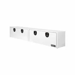 This topside box features a single flip-up door and drawers for organized storage on service trucks. The double drop-down doors lid provides wide access, while the keyed lock secures contents. Overall width is 96 inches, finished in white.