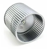 This dual-inlet forward-curved blower wheel has an 11-inch diameter and 10-inch width, with a 1/2-inch bore and CW hub end rotation. Constructed from steel with a tacked center design, it is used in HVAC systems to move air across heat exchangers or evaporator coils in forced-air heating and cooling applications