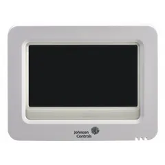 Commercial thermostat for heat and cool applications with touch screen control and 7-day programming. Features fan settings of Auto-On and terminal designations including Y2. White housing. No humidification control.