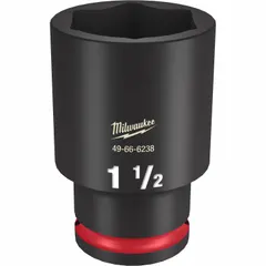 This 1/2" drive impact socket features a 1-1/2" SAE 6-point deep design with friction retention for secure fit on fasteners. The black phosphate finish provides corrosion resistance. Suitable for heavy-duty fastening and loosening of bolts and nuts in automotive, construction, and industrial maintenance applications.