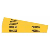Yellow adhesive pipe marker with black legend reading 'Process' for identifying process pipe contents. Fits pipe outer diameters from 3/4 to 2-3/8 inches. Each pack contains 4 markers without directional arrows, sold in a 5-pack. Suitable for industrial facility pipe identification
