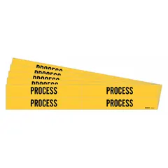 Yellow adhesive pipe marker with black legend reading 'Process' for identifying process pipe contents. Fits pipe outer diameters from 3/4 to 2-3/8 inches. Each pack contains 4 markers without directional arrows, sold in a 5-pack. Suitable for industrial facility pipe identification.