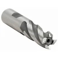 Cobalt roughing end mill with 3/4" diameter, 4 flutes, and fine pitch design. Length of cut is 3", overall length 5-1/4". Suitable for heavy material removal in ferrous and non-ferrous metals, commonly used in roughing operations for mold, die, and general machining applications