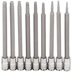 This 25-piece hex bit socket set includes 9 hex bit sockets with tip sizes ranging from 2 mm to 6 mm, all with a 1/4 in drive. The fixed insert design provides secure engagement with hex fasteners. Suitable for assembly, maintenance, and repair tasks on machinery and equipment.