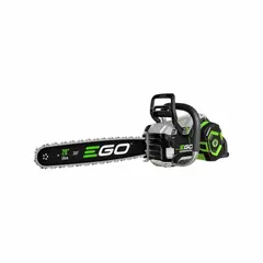 The EGO CSX5000 is a battery-powered chainsaw with a top handle and automatic chain oiler. It operates on a 56 V system with a 60 cc motor, designed for cutting and pruning trees, limbs, and firewood. Suitable for landscaping, tree service, and heavy-duty residential use.