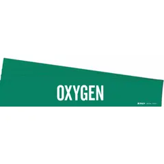 Green adhesive pipe marker with white legend reading 'Oxygen'. Fits pipe outer diameters from 2-1/2 to 7-7/8 inches. Pack of 5 markers without directional arrows. Used to identify oxygen piping in industrial and facility applications.