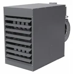 This standard-profile suspended gas unit heater delivers 200,000 BtuH heating capacity input for commercial and industrial spaces such as warehouses, workshops, and factories. It features a blower fan, 5 in flue diameter, and operates on natural gas with field-convertible combustion type. Gas connection is 1/2 in NPT male. Dimensions: 33-3/4 in H x 37-1/4 in W x 56-1/8 in D.