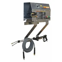 This cold water pressure washer operates at 1,000 psi and 2 gpm, powered by a 1 1/2 hp motor on 120 V single-phase. It features a direct pump drive, electric burner fuel, and a hot water intake for connection to a preheated supply. The wall-mount design saves floor space. Typical applications include cleaning equipment, floors, and vehicles