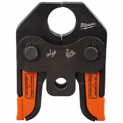 Steel press jaw designed for sub-compact press tools. Compatible with 1-inch PEX pipe and Viega Pureflow systems. Used to create secure press connections in plumbing and mechanical installations.