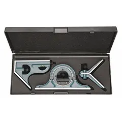 This combination square set includes center, protractor, and square heads with a satin chrome steel blade. The cast iron heads and satin chrome finish resist glare and wear. Suitable for layout, measurement, and marking tasks in metalworking and woodworking.