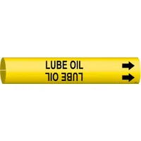 Snap-on pipe marker for identifying lube oil lines. Yellow background with black legend and directional arrows. Fits pipe outer diameters from 3/4 to 1-3/8 inches. Suitable for use in industrial piping systems requiring clear fluid identification