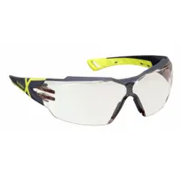 Half-frame safety glasses with padded comfort-fit design. CBR65 lens provides contrast enhancement for low-light conditions. Anti-fog and scratch-resistant coating. Dielectric and vented frame suitable for electrical work. Charcoal/high-visibility yellow frame