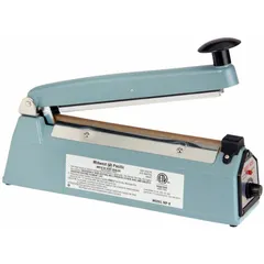 The MIDWEST PACIFIC MP-8 is a tabletop impulse heat sealer designed for sealing polyethylene bags and other heat-sealable films. It provides a maximum seal length of 8 in, seal width of 1/8 in, and can handle film thicknesses up to 6 mil. Suitable for packaging, laboratory, and light industrial sealing tasks.
