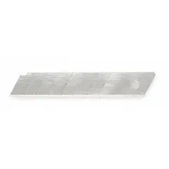 Pack of 50 replacement snap-off blades for utility knives. Each blade measures 3/4 in wide and 0.02 in thick, with 8 segments for progressive tip exposure. Suitable for cutting drywall, cardboard, plastic sheeting, and other light-duty materials.