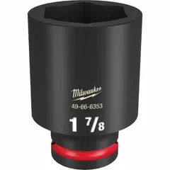 This 3/4" drive impact socket is SAE 1-7/8" with a 6-point deep design and friction ring retention. It is used for heavy-duty fastening and loosening of hex nuts and bolts in automotive, construction, and industrial maintenance applications.