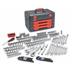 This 219-piece tool set includes (12) Point Full Polish Long Pattern Combination Wrenches, sockets, and accessories. Supplied in a tool box, it is suited for automotive repair, mechanical maintenance, and general assembly tasks involving fasteners in confined spaces.