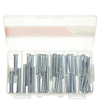 This 50-piece clevis pin assortment includes 20 inch sizes, made from Grade 1010/Grade 1018 steel with a zinc-plated finish. Clevis pins are used in mechanical linkages, agricultural equipment, and industrial machinery to create removable pivot joints