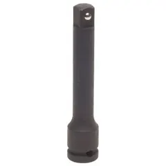 This impact socket extension has a 1/2-inch input and output drive size with a 7-inch overall length. It is used with impact wrenches or ratchets to extend the reach of impact sockets in high-torque fastening tasks. The extension features a locking mechanism to secure sockets and a manganese phosphate coating for corrosion resistance.