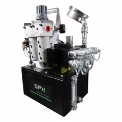 Air-operated hydraulic pump unit for powering hydraulic torque wrenches in industrial bolting applications. Features a maximum operating pressure of 10,000 psi, 2.5 gallon reservoir capacity, and pendant control with 2-position retract function.