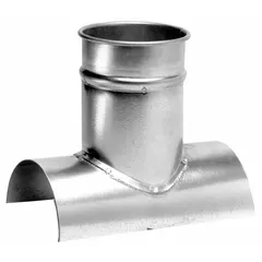 Galvanized steel tap-in branch fitting for connecting a branch line to a 14-inch main duct at a 90° angle. Overall length is 10 inches. Used in industrial HVAC and dust-collection systems to divert airflow or material from the main duct into a secondary run.