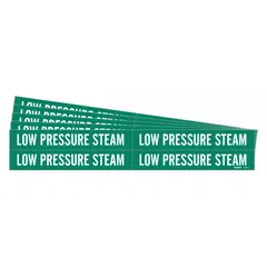 Green adhesive pipe markers with white legend text reading 'Low Pressure Steam'. Each marker fits pipe outer diameters from 3/4 to 2-3/8 inches. Pack of 4 markers without arrows, sold in a 5-pack configuration. Used for identifying low-pressure steam lines in piping systems.