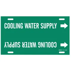 Green pipe marker with white legend text reading 'Cooling Water Supply' and directional arrows. Fits pipe outer diameters of 10 to 15 inches. Used to identify cooling water supply lines in industrial piping systems.