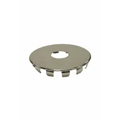 Stainless steel plug button with hole for use in Safti-Trol systems on commercial wash fountains. Serves as a replacement or retrofit component for water flow and temperature control mechanisms.