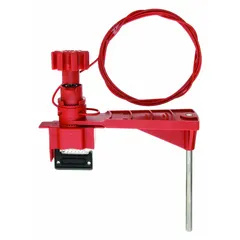 Steel universal valve lockout with an 8 ft cable length. Designed to secure valves in the closed position during maintenance, preventing accidental operation. Suitable for use on ball, gate, and butterfly valves in industrial lockout/tagout procedures.