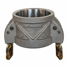 Aluminum dust cap for cam-and-groove couplers, 1-1/2 in coupling size. Rated 250 psi max working pressure at 70°F, overall length 5-23/64 in, with nitrile gasket. Protects couplers from dirt and debris when not in use in fluid transfer systems.