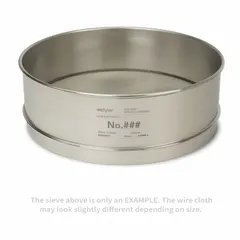 This test sieve features a stainless steel frame and stainless steel screen cloth, meeting ASTM E11 standards. With a US Standard #120 mesh size, it is used for particle size analysis and material classification in laboratory and industrial settings. Outside diameter is 12 inches, height is 4 1/4 inches.
