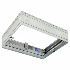 Galvanized steel ceiling radiation damper with a 165-degree fusible link. Designed for use in bathroom exhaust fan systems to maintain fire-rated ceiling integrity. The fusible link melts during a fire, closing the damper to block flame and smoke spread.