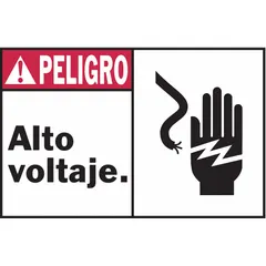 This 5-pack of adhesive signs displays 'Peligro: Alto Voltaje' (Danger: High Voltage) for marking high-voltage hazards. Each sign measures 3 1/2 in x 5 in with a thickness of 0.01 in. Suitable for mounting on equipment or panels in industrial settings where electrical safety warnings are required.