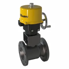 Carbon steel ball valve with 120V electric actuator for on/off flow control in industrial piping systems. Features flange x flange connections, ISO 5211 actuator mounting pad, and position indicator. Suitable for liquid or gas service.