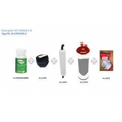 Replacement parts kit for ELGA Chorus 2 water purification systems. Includes filters, stands, and switches to maintain system performance in laboratory or industrial water purification applications.