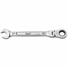 This 21 mm metric 12-point ratcheting combination wrench features a chrome finish and an overall length of 281 7/8 mm. The ratcheting box end allows for faster fastener turning without repositioning, suitable for use in confined spaces common in mechanical and industrial maintenance.