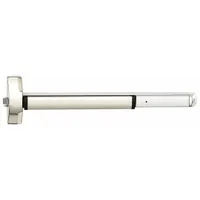 This rim exit device features a stainless steel finish and touchbar style, designed for doors up to 48 inches wide. It is ADA compliant and supplied without outside trim. Typical applications include commercial buildings requiring code-compliant panic hardware for safe egress
