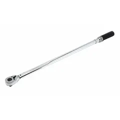 Non-insulated micrometer torque wrench with 3/4 in drive, torque range 100 ft-lb to 600 ft-lb, and 42 1/2 in overall length. Micrometer scale enables precise torque settings. Suitable for tightening large fasteners in industrial and heavy equipment applications.