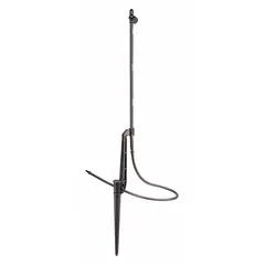 This drip microspray on stake delivers a full-circle spray pattern for targeted watering in drip irrigation systems. It includes an 8-inch stake and 36 inches of 1/4-inch tubing with a barbed fitting. Made of black plastic, it is compatible with drip irrigation systems.