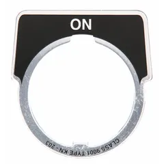 Half-round legend plate for 30 mm panel mounting, overall height 1 3/4 in and width 1 5/8 in. Constructed of black metallic aluminum with a silver notch and English legend 'On'. Used to label push-button stations in industrial control panels for clear operator guidance.